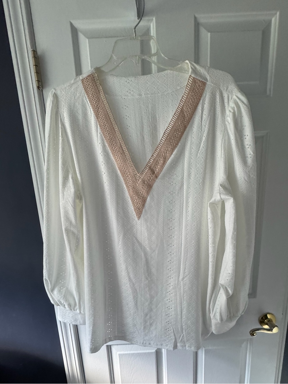 White Eyelet V-Neck Women's Top with Beige Trim